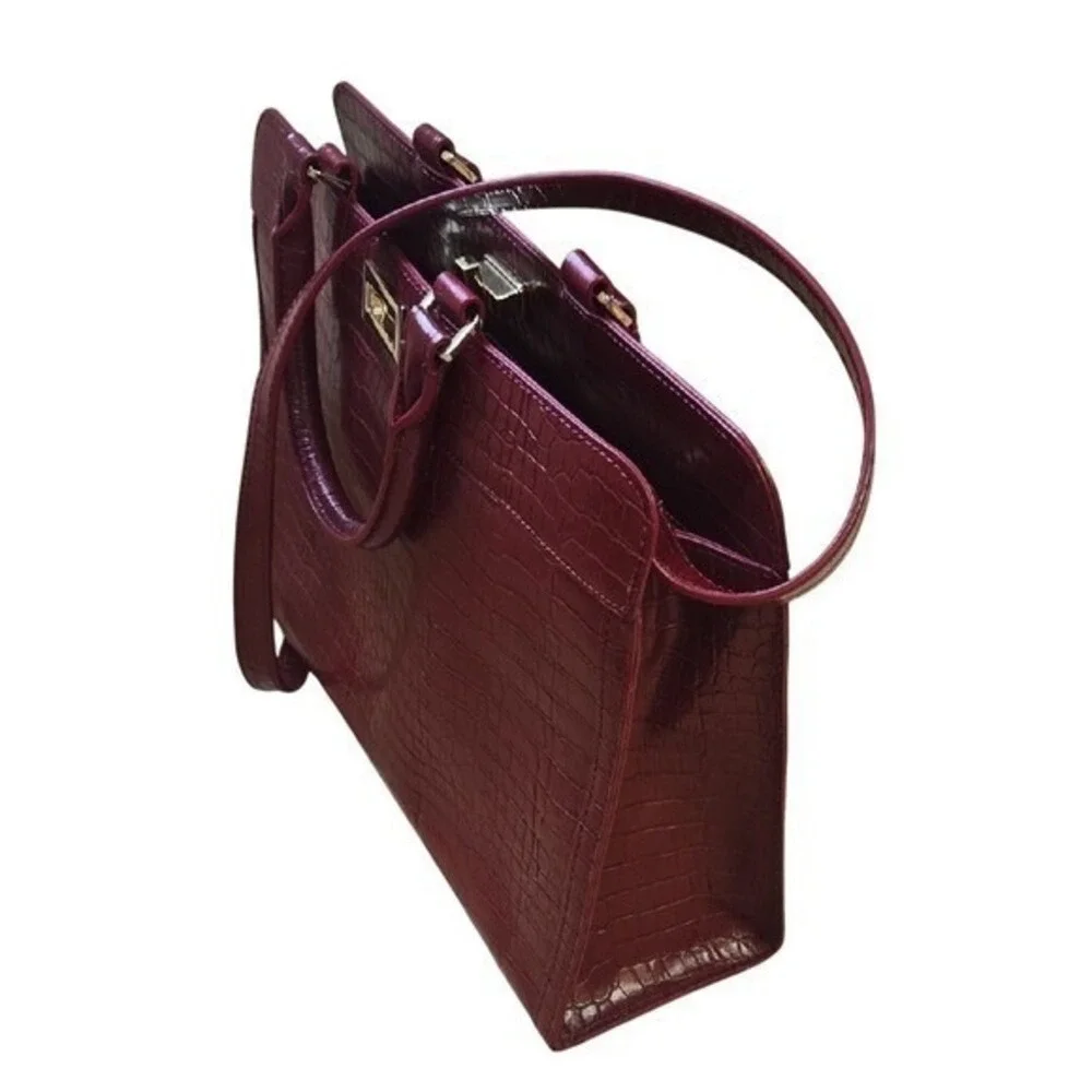 Talbots Leather Dark Red‎ Satchel Crossbody Bag Gold Hardware Gator Croc